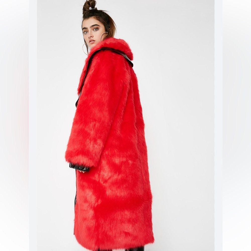 I.AM.GIA Red Faux Fur Coat with Black Trim - Picture 2 of 4